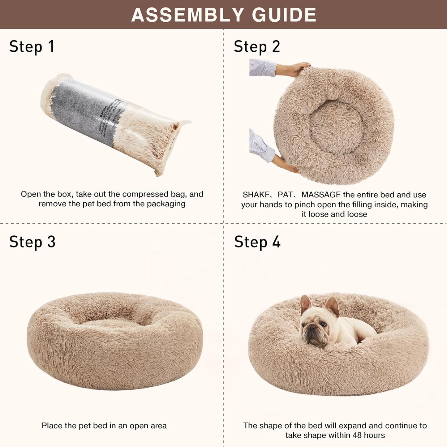 Calming Dog & Cat Bed, Anti-Anxiety Donut round for Indoor Cats, Small Medium Dogs, Fluffy Warming Pet Bed, Beige Taupe 20"/24"