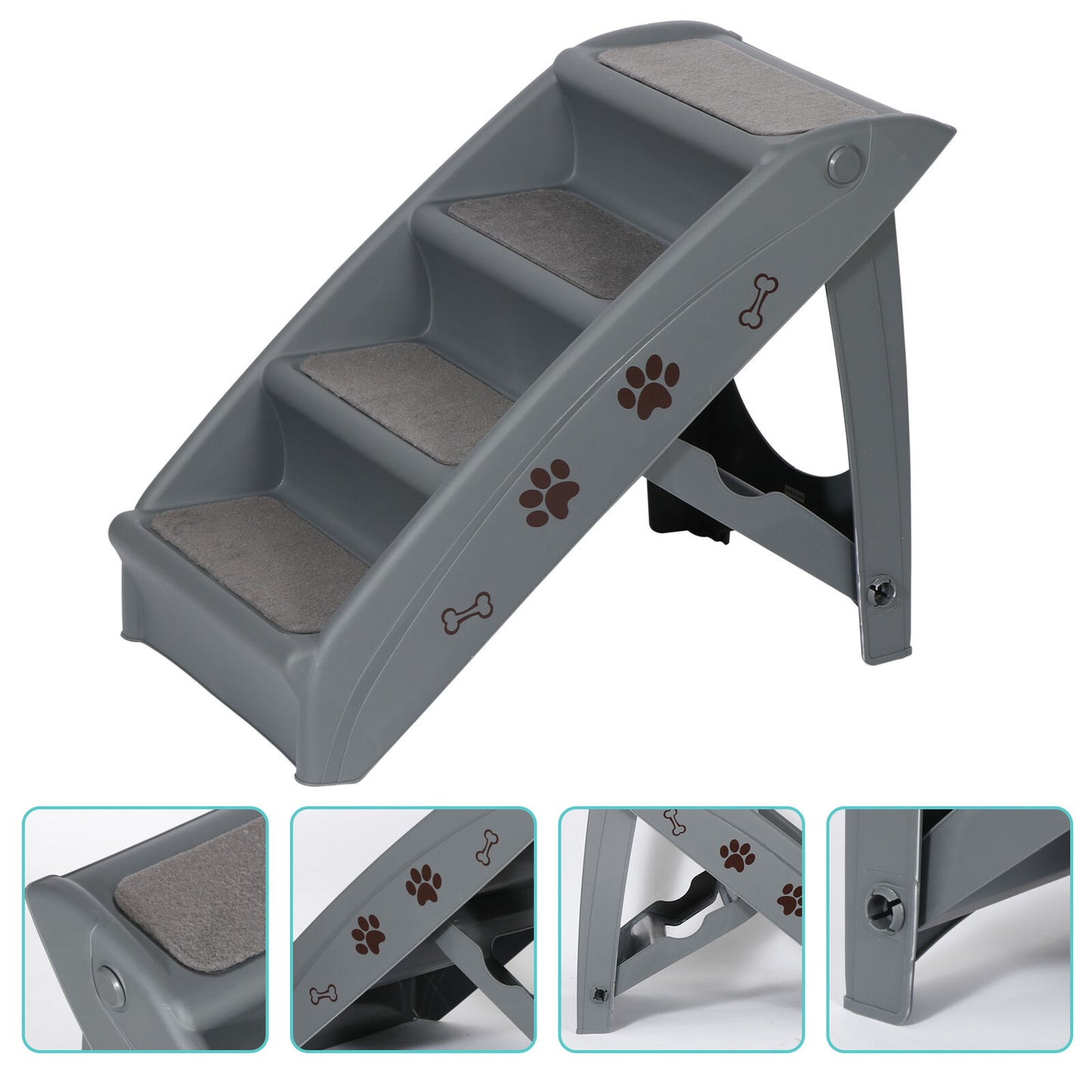 Dog Steps Foldable Pet Stairs Great for Smaller Hurt Older Pets Portable Grey