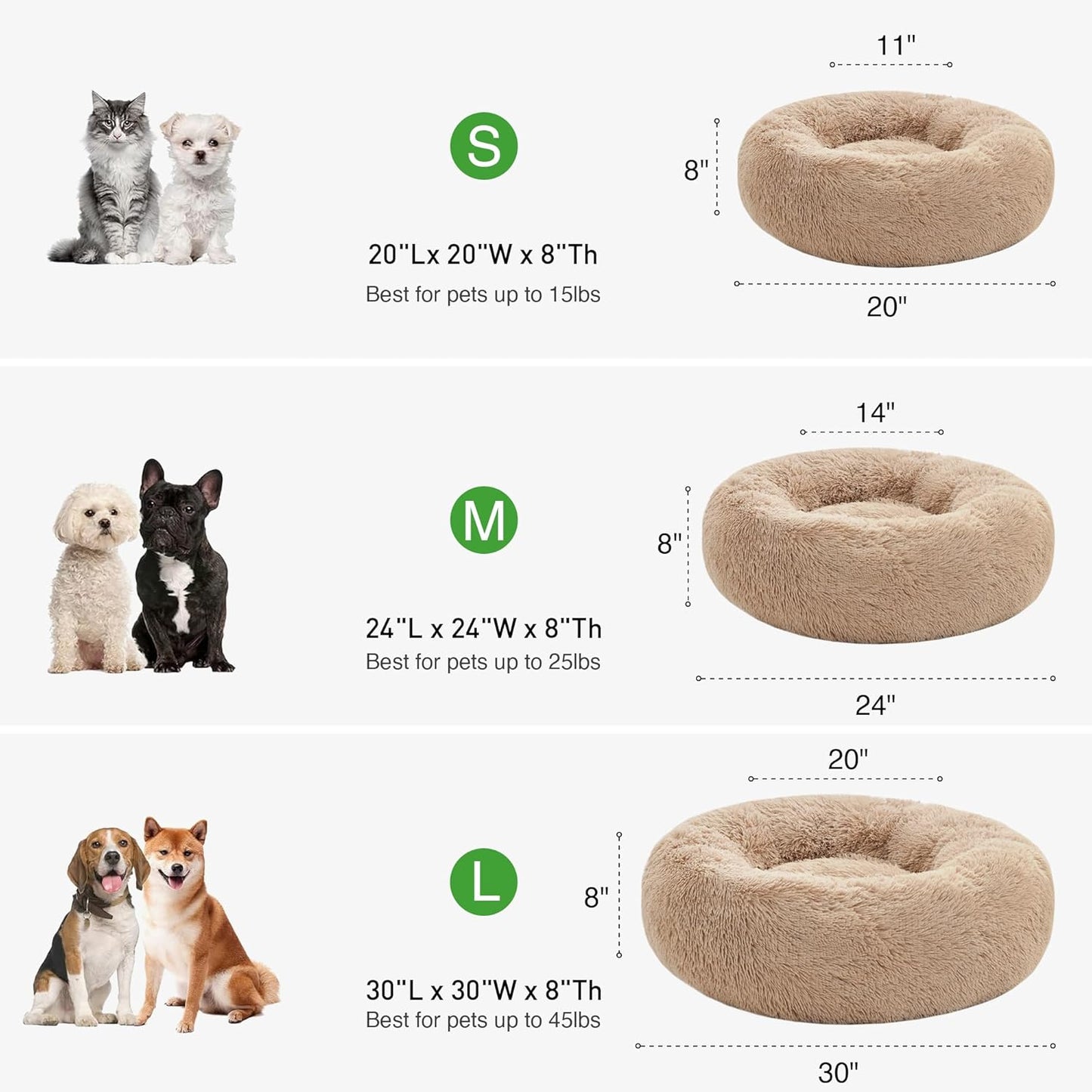 Calming Dog & Cat Bed, Anti-Anxiety Donut round for Indoor Cats, Small Medium Dogs, Fluffy Warming Pet Bed, Beige Taupe 20"/24"