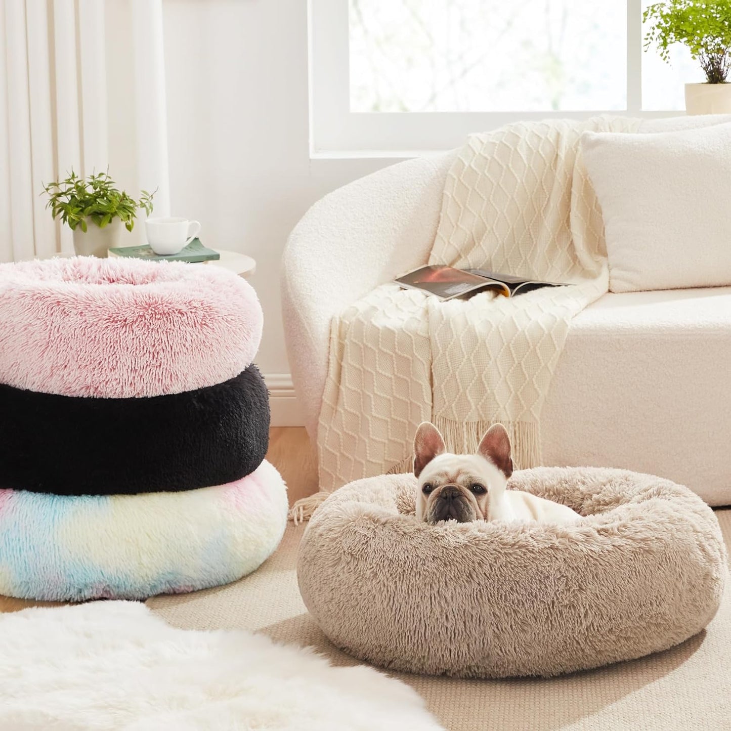 Calming Dog & Cat Bed, Anti-Anxiety Donut round for Indoor Cats, Small Medium Dogs, Fluffy Warming Pet Bed, Beige Taupe 20"/24"