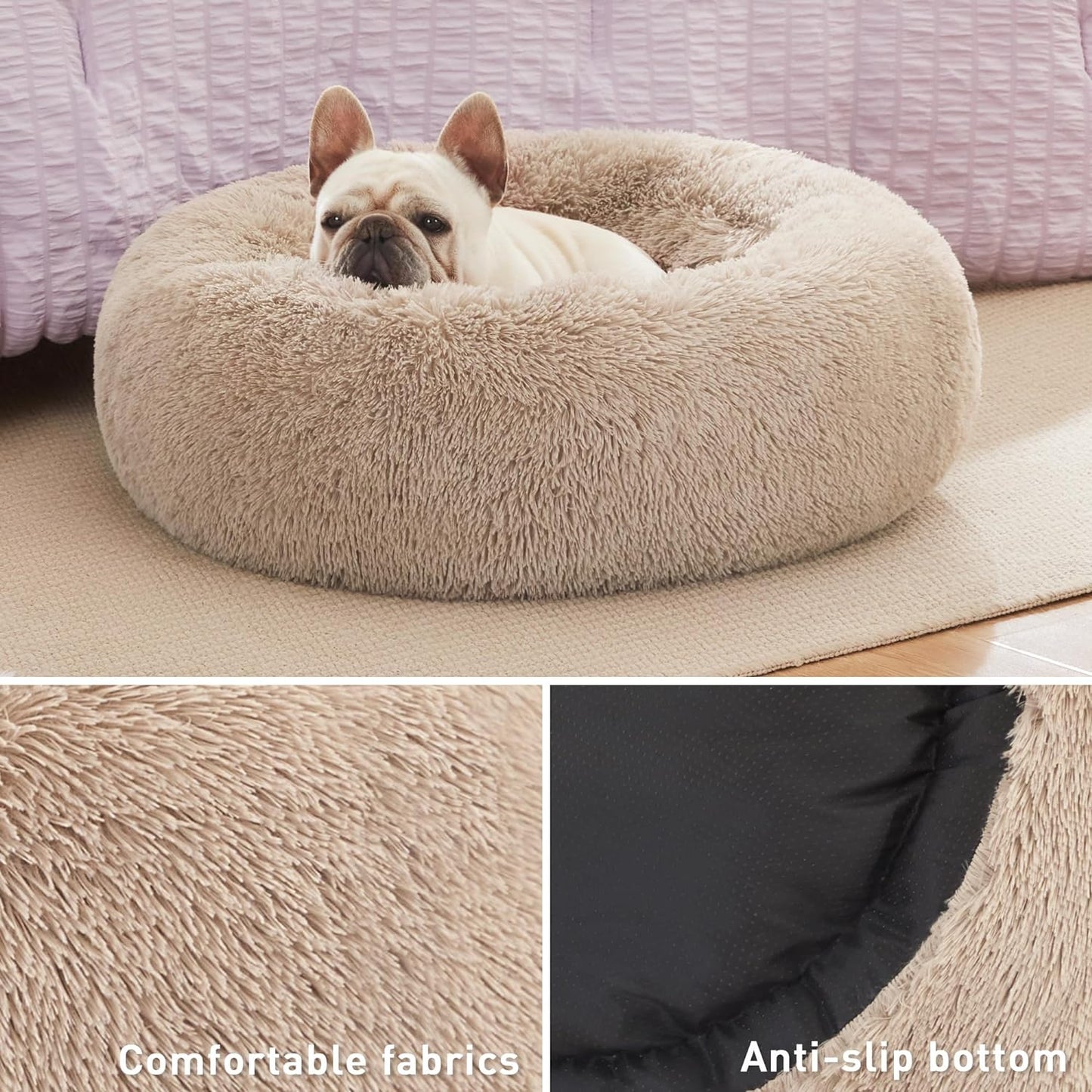 Calming Dog & Cat Bed, Anti-Anxiety Donut round for Indoor Cats, Small Medium Dogs, Fluffy Warming Pet Bed, Beige Taupe 20"/24"
