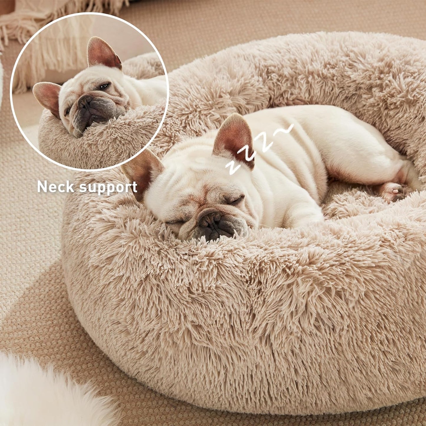 Calming Dog & Cat Bed, Anti-Anxiety Donut round for Indoor Cats, Small Medium Dogs, Fluffy Warming Pet Bed, Beige Taupe 20"/24"