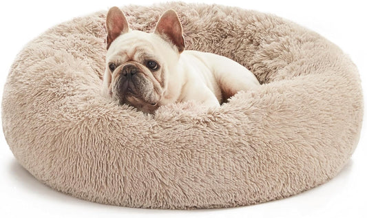 Calming Dog & Cat Bed, Anti-Anxiety Donut round for Indoor Cats, Small Medium Dogs, Fluffy Warming Pet Bed, Beige Taupe 20"/24"