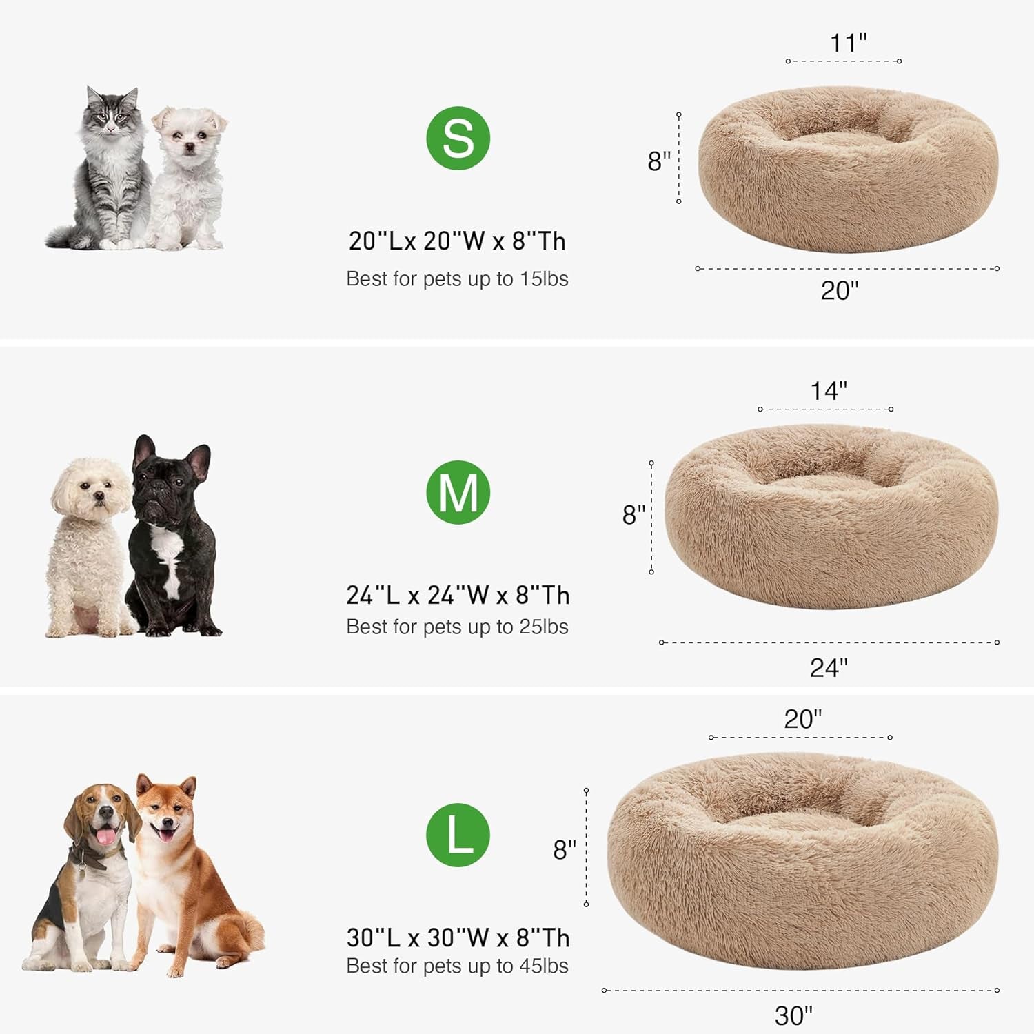 Calming Dog & Cat Bed, Anti-Anxiety Donut round for Indoor Cats, Small Medium Dogs, Fluffy Warming Pet Bed, Beige Taupe 20"/24"