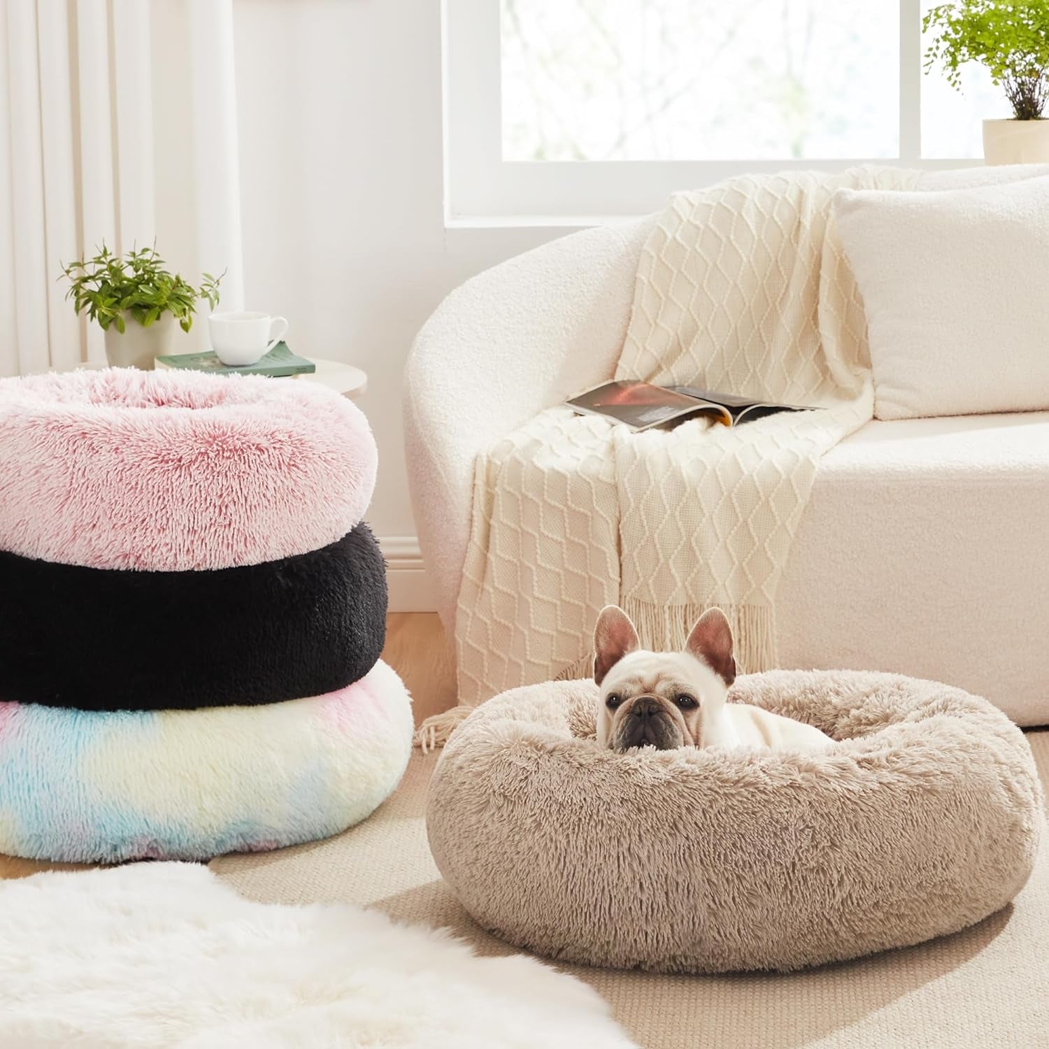 Calming Dog & Cat Bed, Anti-Anxiety Donut round for Indoor Cats, Small Medium Dogs, Fluffy Warming Pet Bed, Beige Taupe 20"/24"