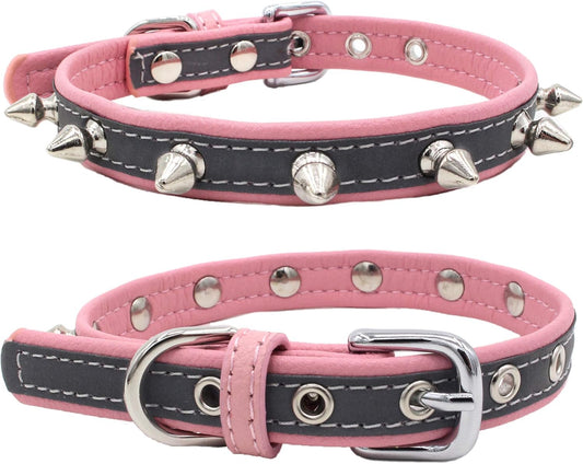Studded Dog Collar Reflective Puppy Collar for Small Dogs - Pink - M