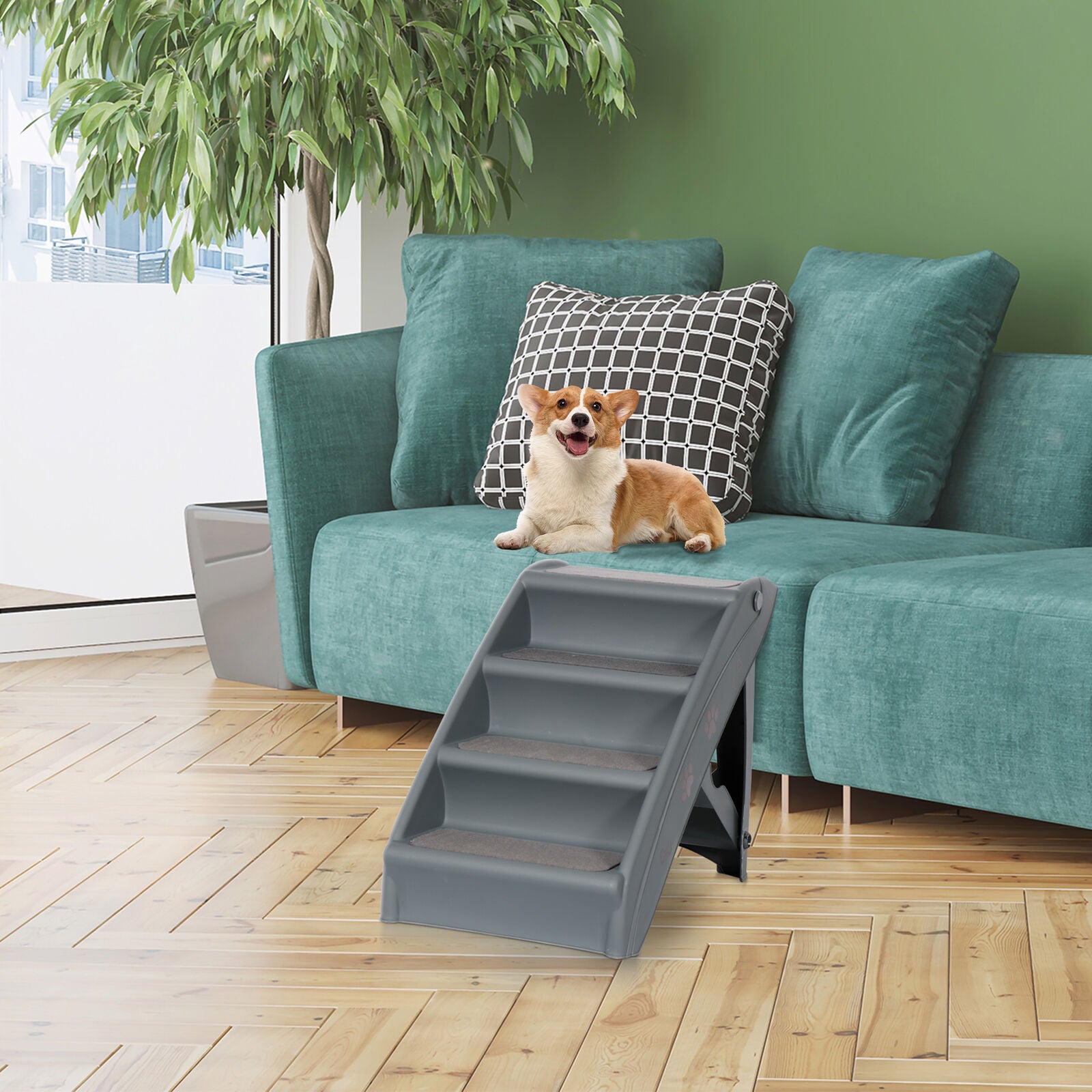 Dog Steps Foldable Pet Stairs Great for Smaller Hurt Older Pets Portable Grey